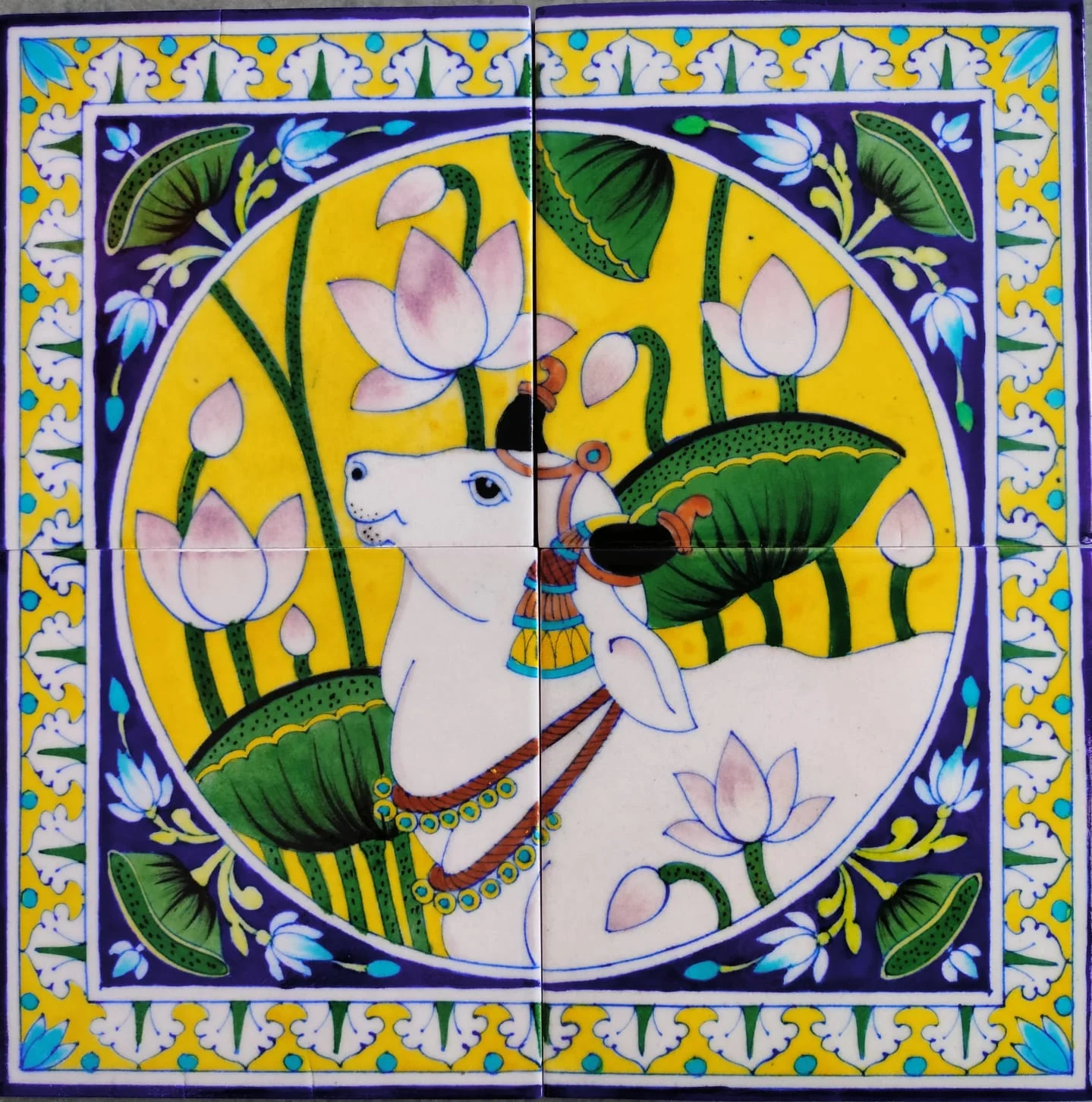 Marigold Kamdhenu Tile Panel — handmade Jaipur blue pottery by Sagar Blue Art Pottery
