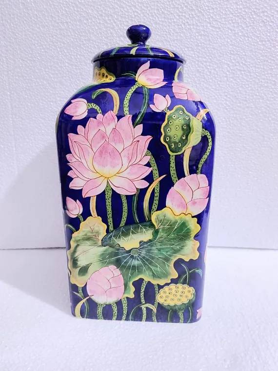 Lotus Pond Square Urn — handmade Jaipur blue pottery from the Vases & Urns collection