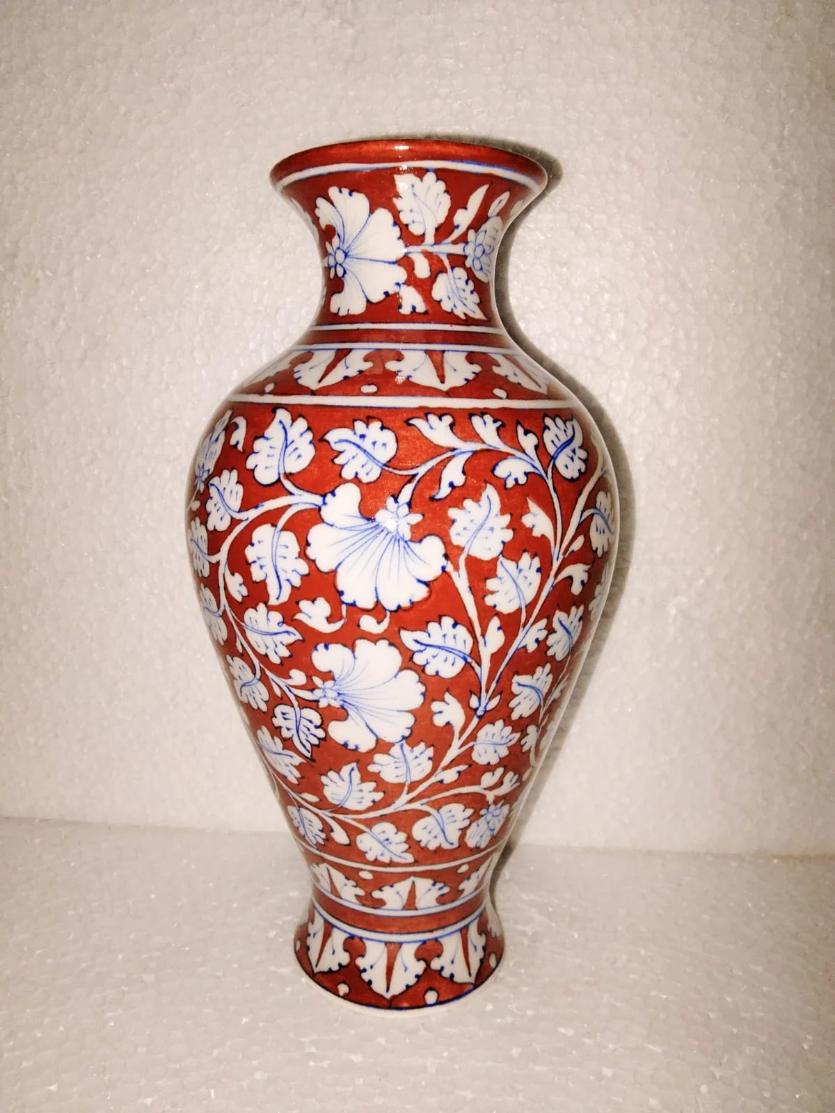 Vermilion Floral Vase — handmade Jaipur blue pottery by Sagar Blue Art Pottery