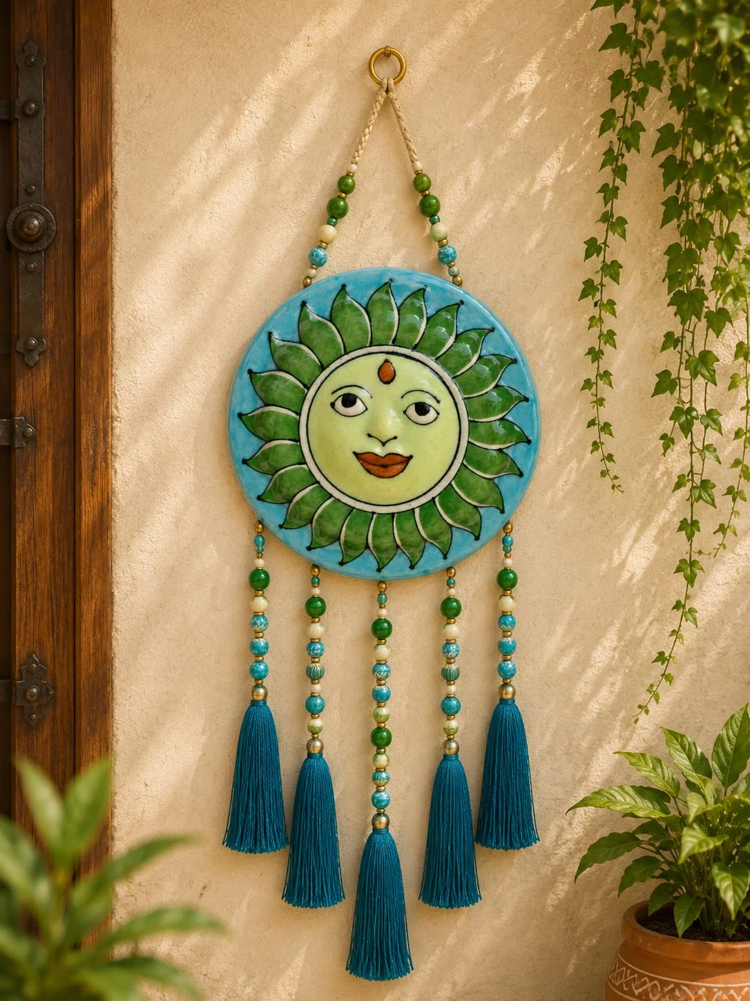 Turquoise Sun Wall Hanging — handmade Jaipur blue pottery by Sagar Blue Art Pottery