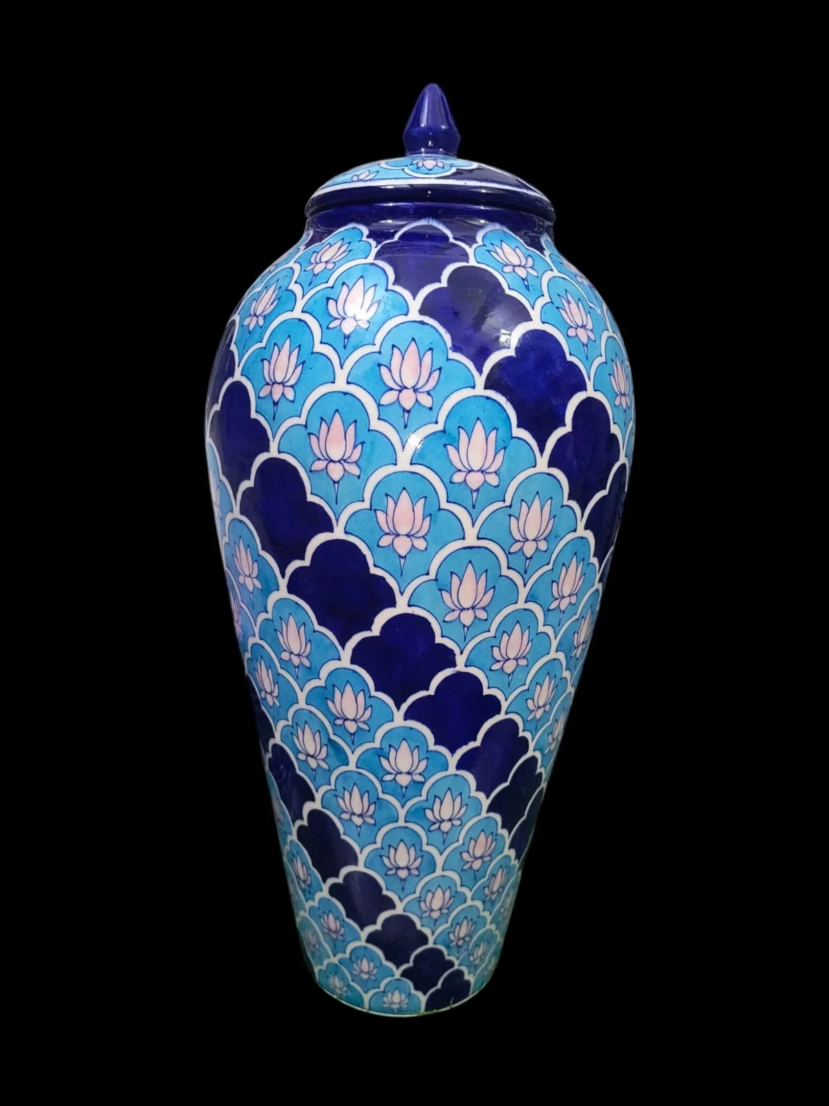 Cobalt Scale Lidded Urn — handmade Jaipur blue pottery by Sagar Blue Art Pottery