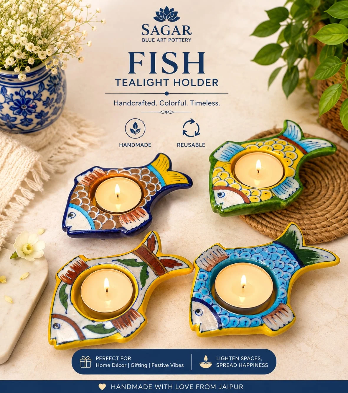 Fish Tealight Holder — handmade Jaipur blue pottery by Sagar Blue Art Pottery