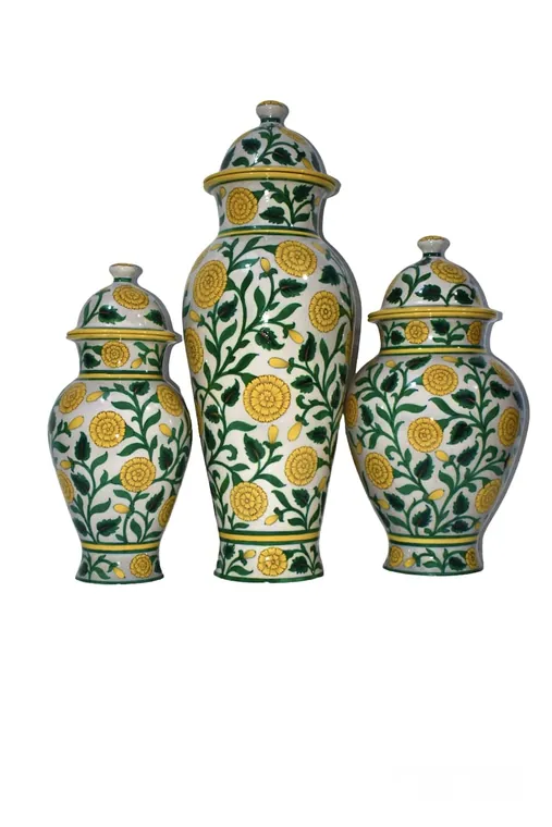 Marigold Vine Urn Trio — handmade Jaipur blue pottery from the Vases & Urns collection