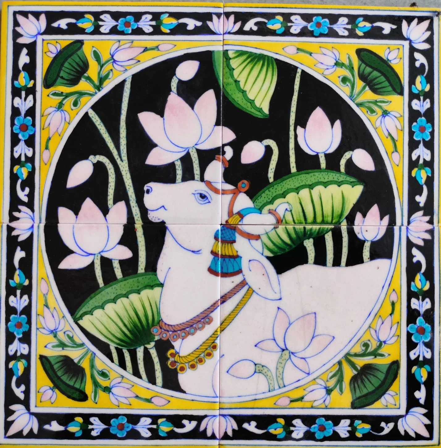 Kamdhenu Tile Panel — handmade Jaipur blue pottery by Sagar Blue Art Pottery