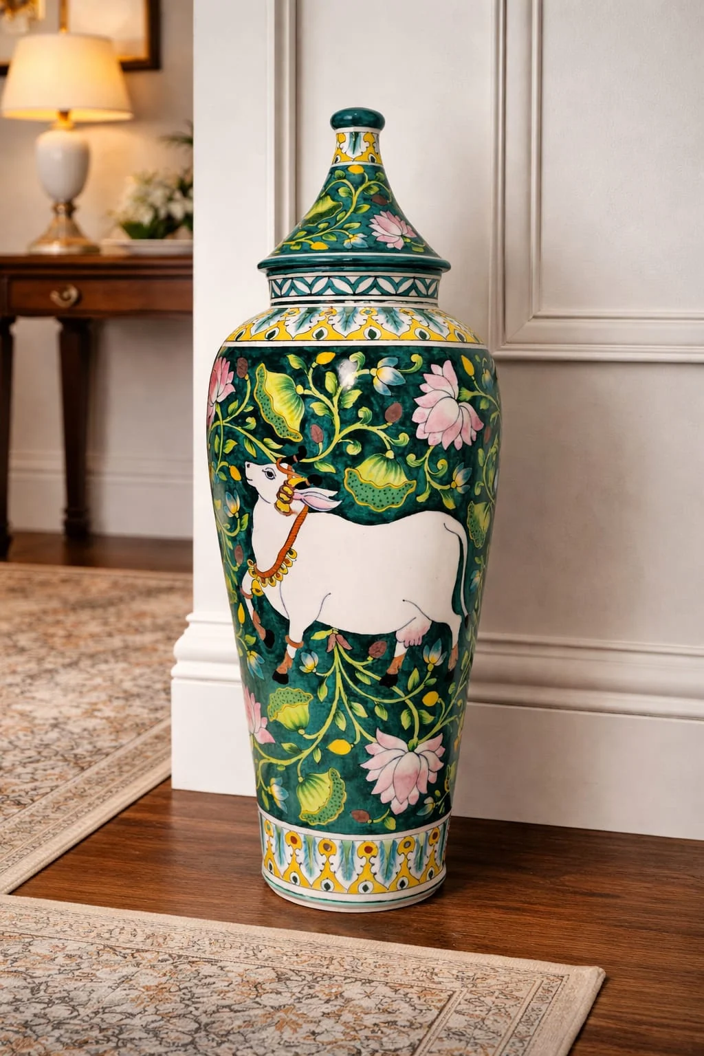 Lotus & Kamdhenu Tall Urn — handmade Jaipur blue pottery by Sagar Blue Art Pottery