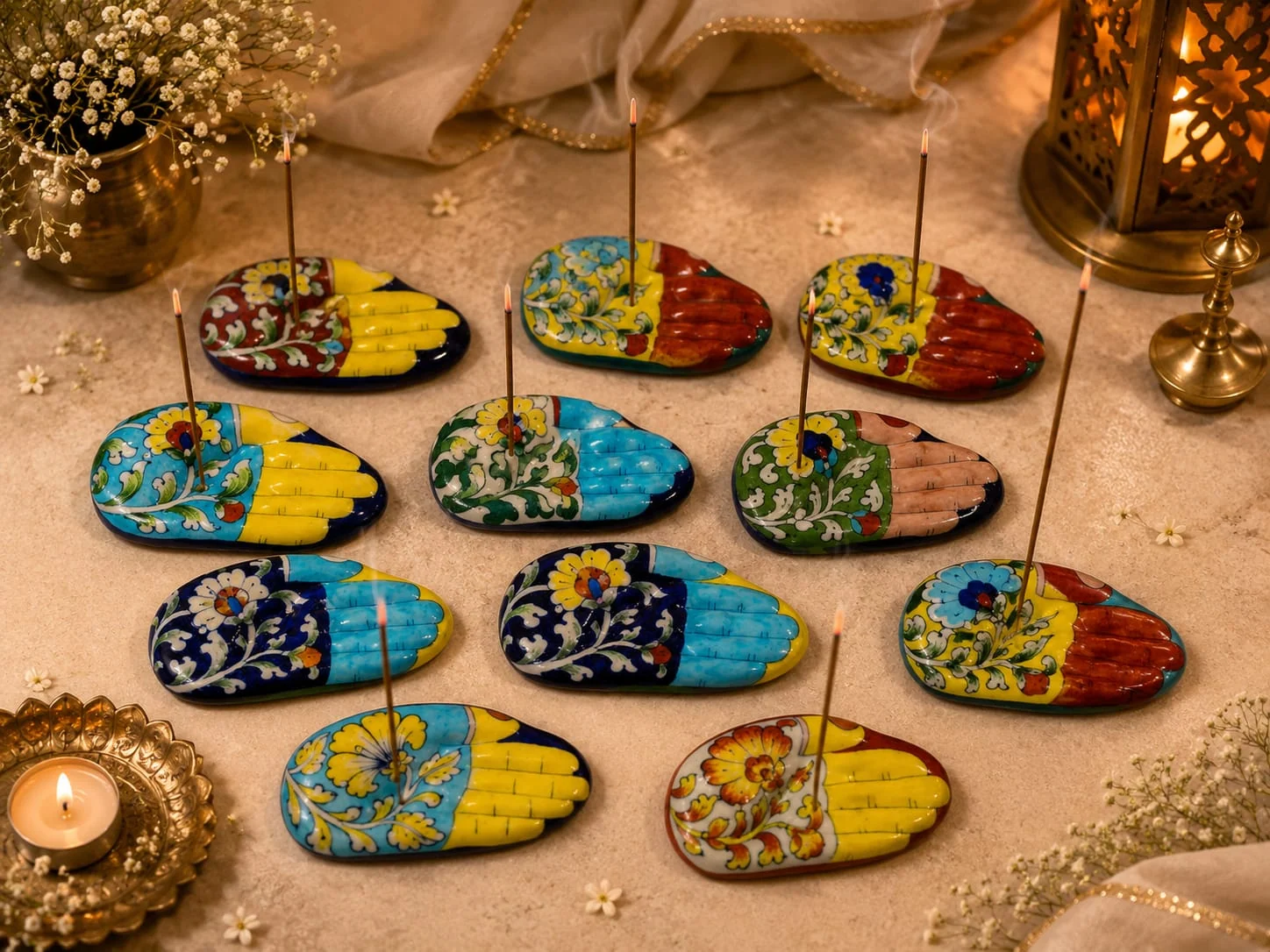Painted Diya Set — handmade Jaipur blue pottery by Sagar Blue Art Pottery