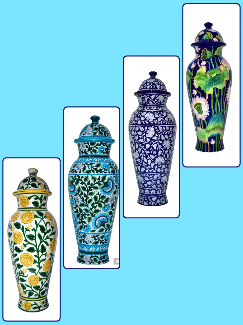 Graduated Urn Collection — handmade Jaipur blue pottery by Sagar Blue Art Pottery