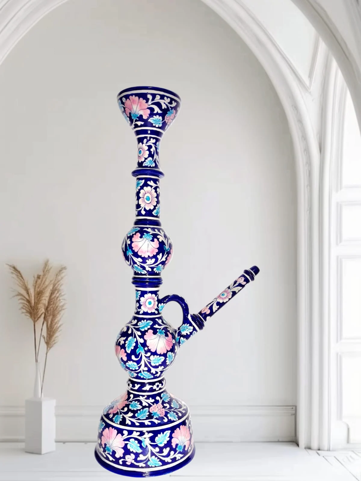 Cobalt Jasmine Hookah — handmade Jaipur blue pottery by Sagar Blue Art Pottery