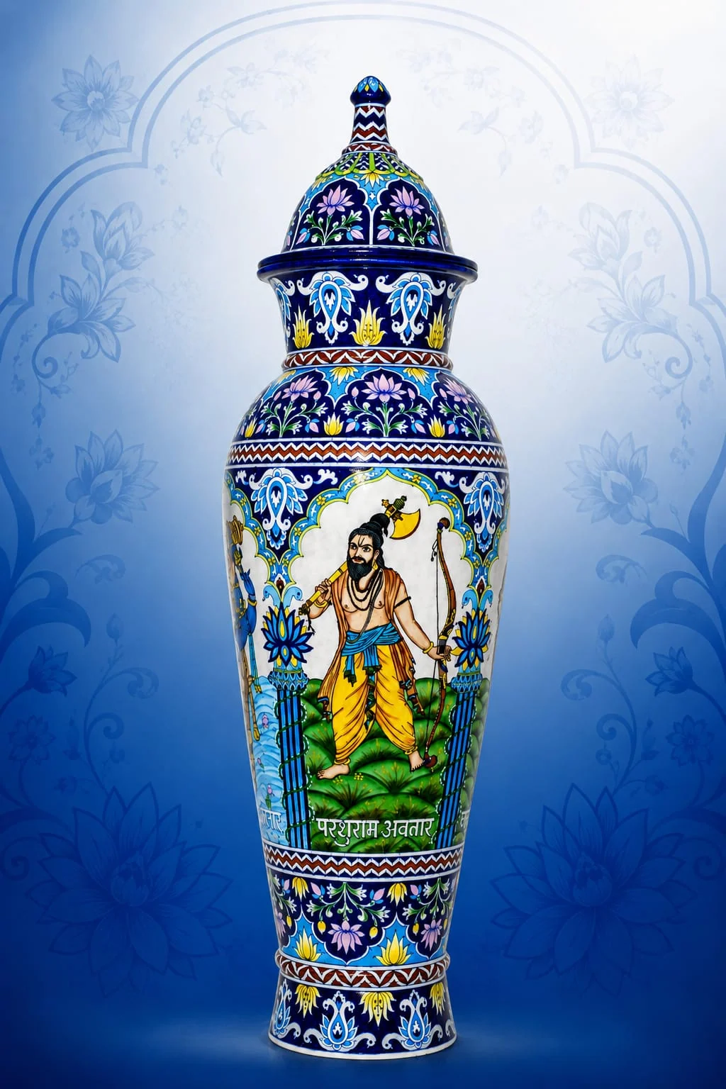 Miniature Panel Temple Urn IV — handmade Jaipur blue pottery by Sagar Blue Art Pottery