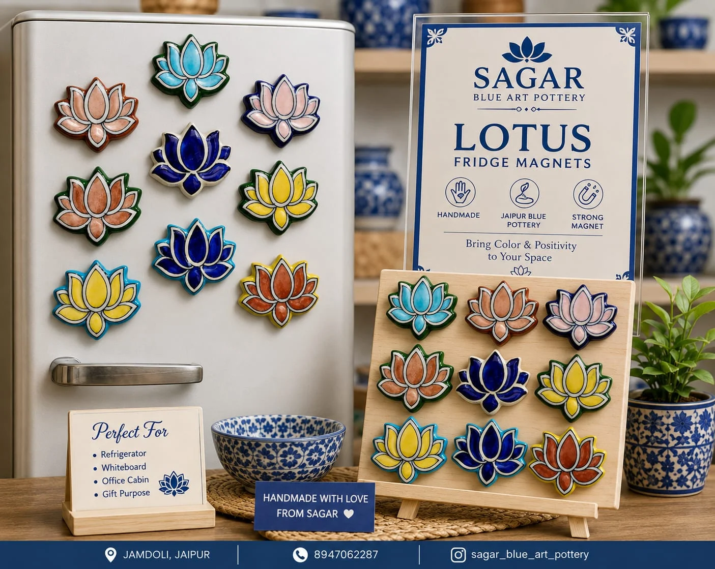 Lotus Fridge Magnets — handmade Jaipur blue pottery by Sagar Blue Art Pottery