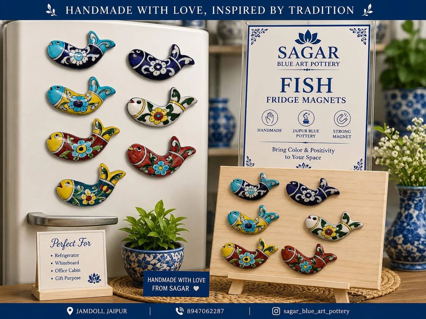 Fish Fridge Magnets — handmade Jaipur blue pottery by Sagar Blue Art Pottery