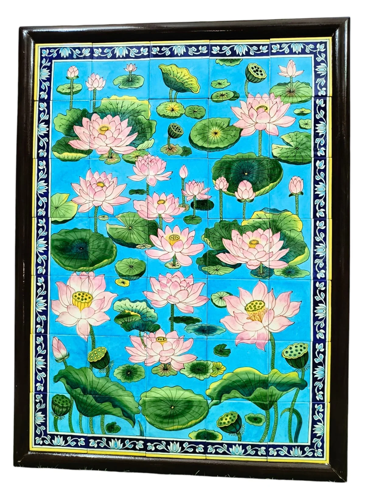 Lotus Pond Framed Tile Mural — handmade Jaipur blue pottery by Sagar Blue Art Pottery
