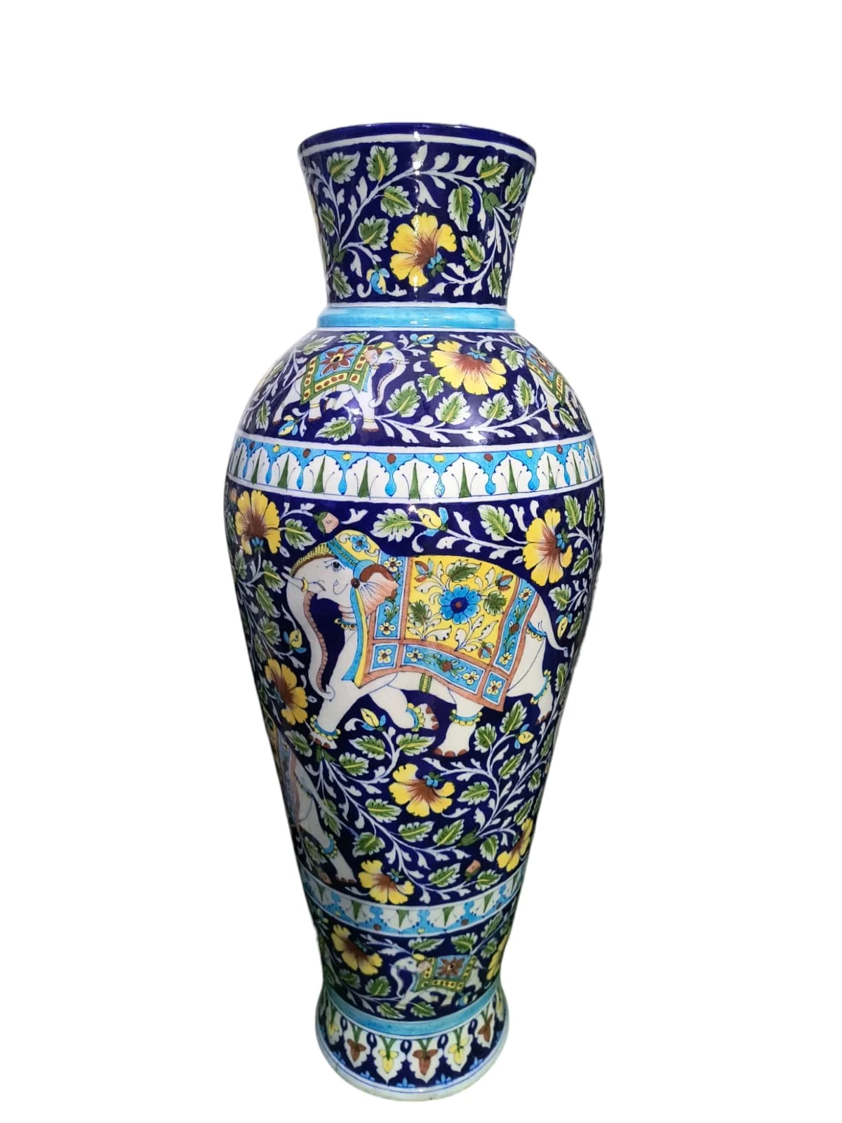 Ivory Elephant Panel Vase — handmade Jaipur blue pottery by Sagar Blue Art Pottery