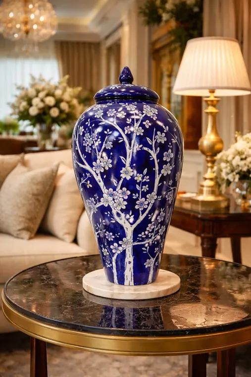 Indigo Blossom Floor Vase — handmade Jaipur blue pottery from the Vases & Urns collection