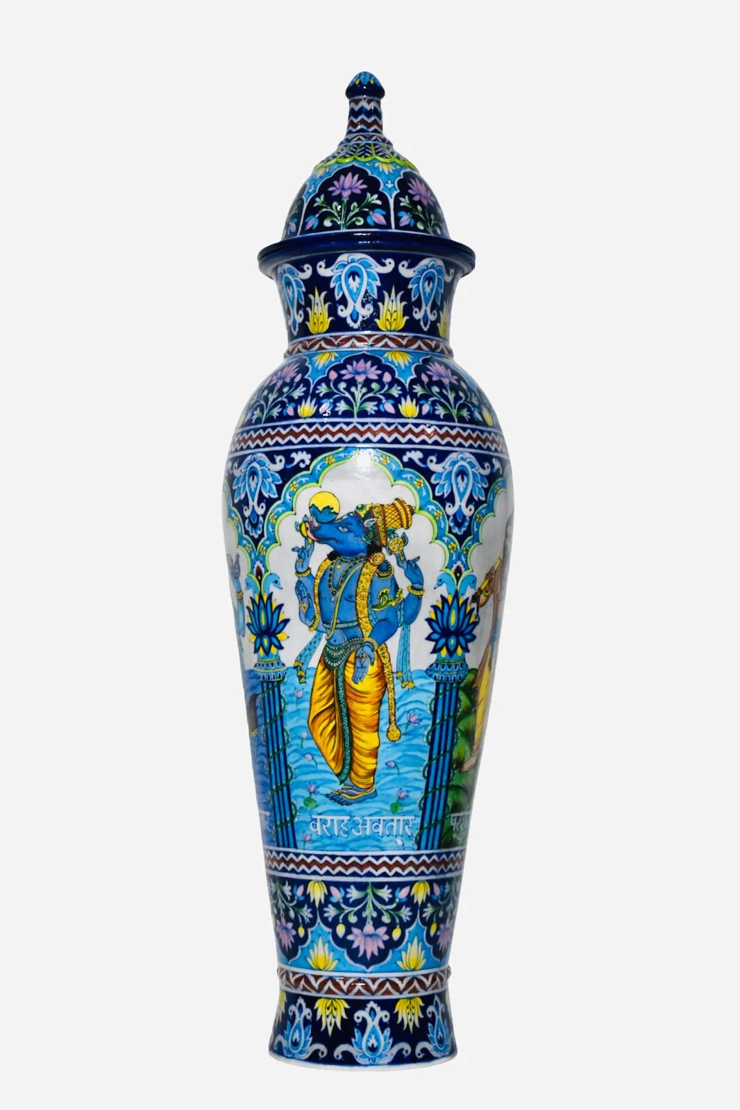 Krishna Panel Temple Urn — handmade Jaipur blue pottery by Sagar Blue Art Pottery