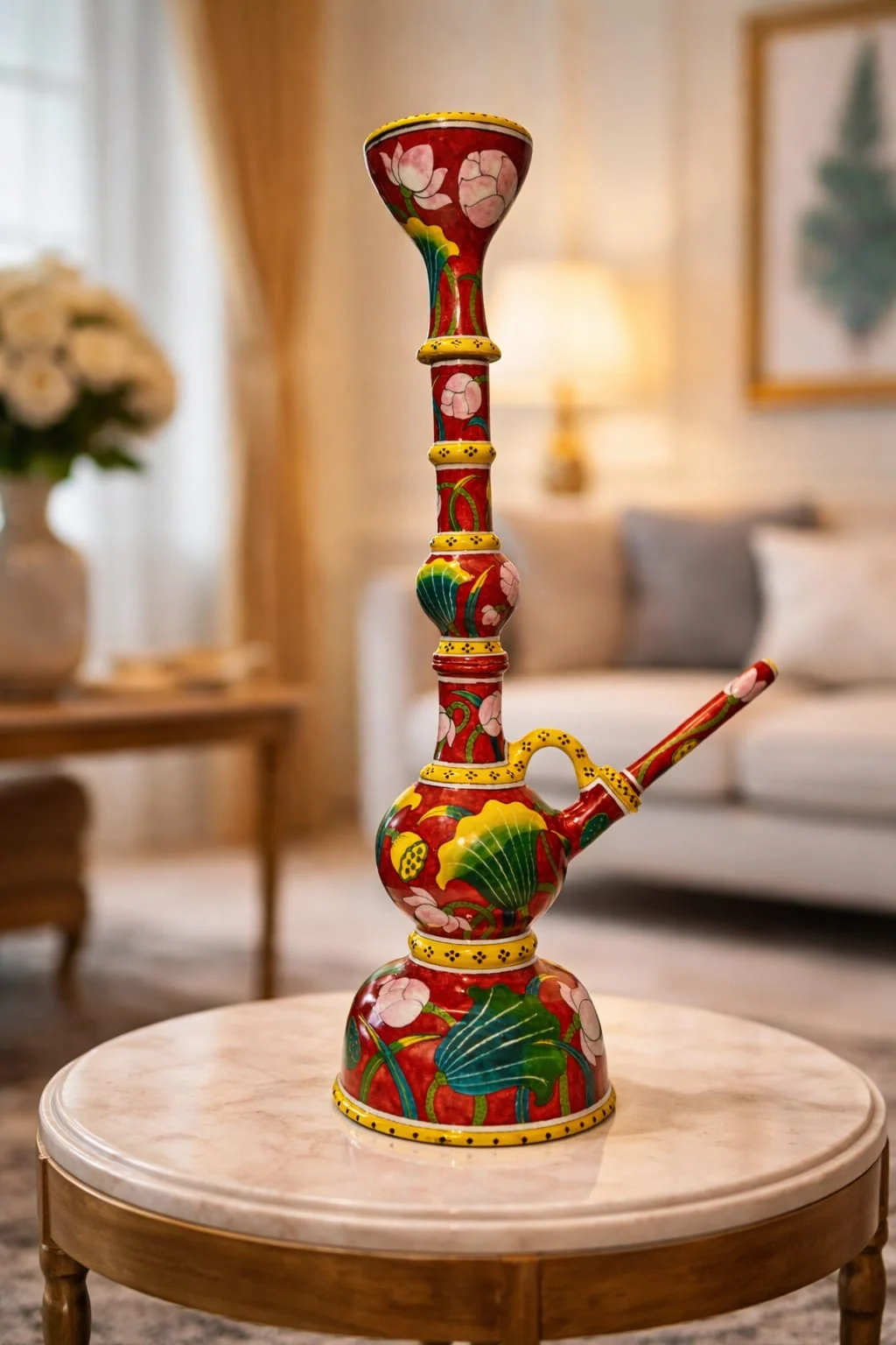 Vermilion Painted Hookah — handmade Jaipur blue pottery by Sagar Blue Art Pottery