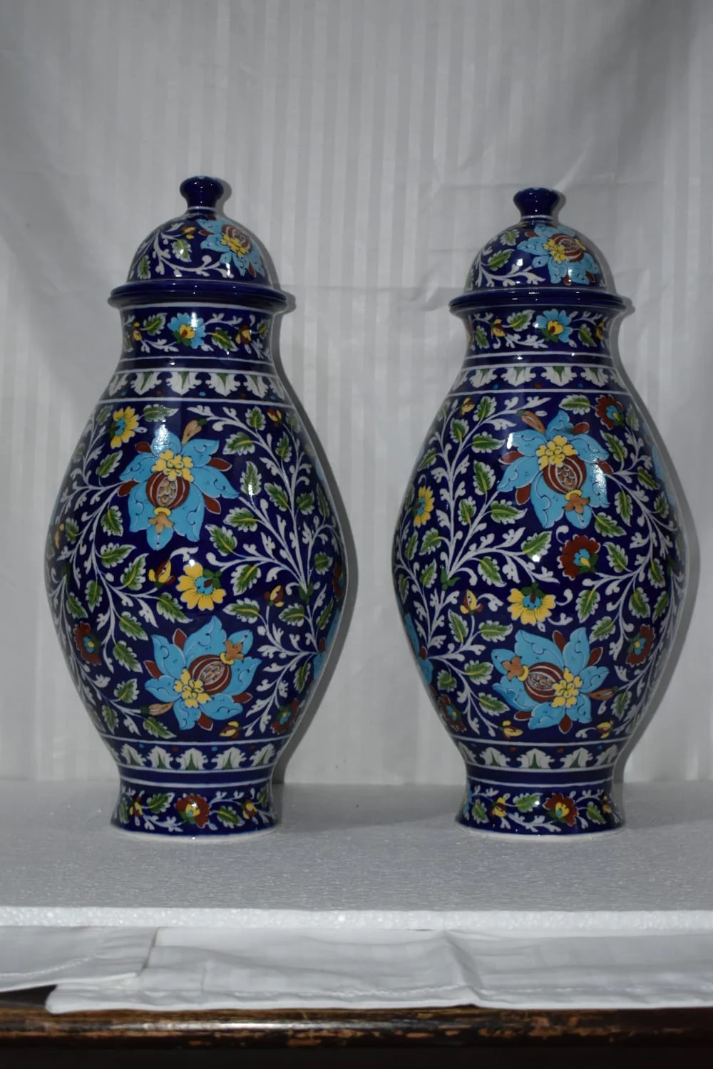 Pair of Indigo Blossom Urns — handmade Jaipur blue pottery by Sagar Blue Art Pottery