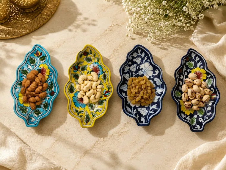 Leaf Dry Fruit Dishes — handmade Jaipur blue pottery from the Serving & Tableware collection