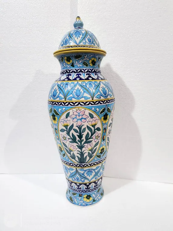 Turquoise Lotus Lidded Urn — handmade Jaipur blue pottery from the Vases & Urns collection