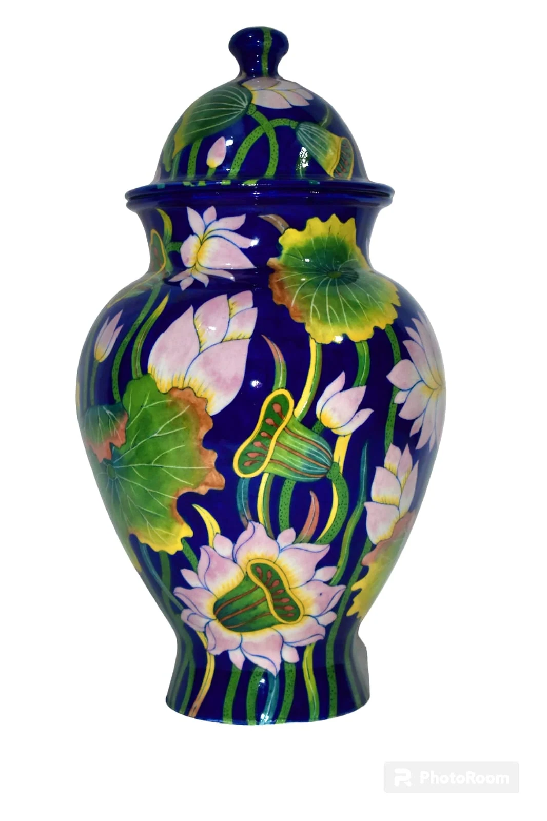 Indigo Lotus Lidded Urn — handmade Jaipur blue pottery by Sagar Blue Art Pottery