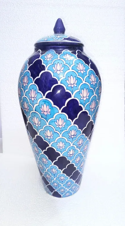 Cobalt Lattice Lidded Urn — handmade Jaipur blue pottery from the Vases & Urns collection