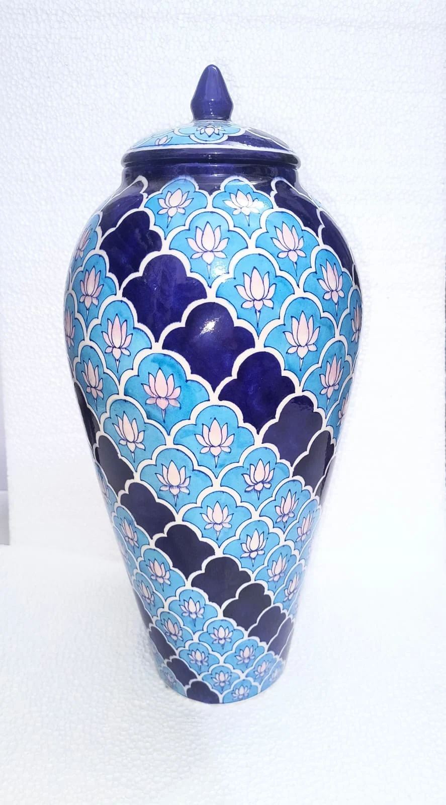 Cobalt Lattice Lidded Urn — handmade Jaipur blue pottery by Sagar Blue Art Pottery