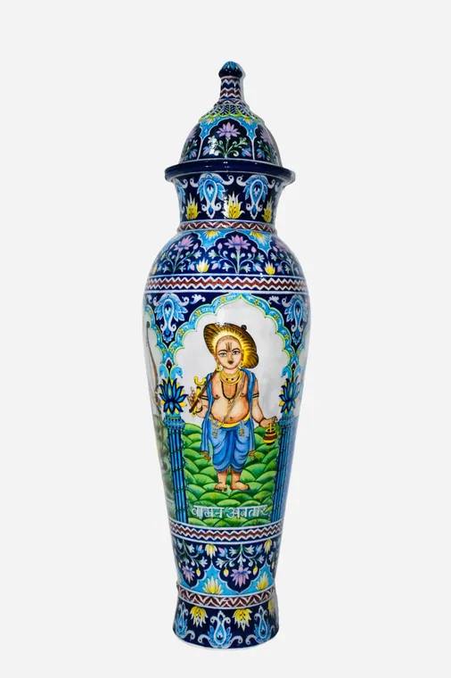 Devotional Panel Temple Urn — handmade Jaipur blue pottery from the Vases & Urns collection