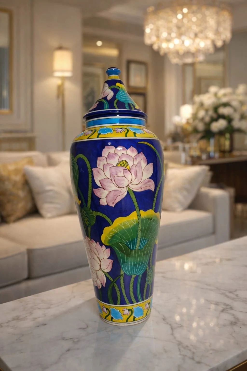 Lotus Panel Temple Urn — handmade Jaipur blue pottery by Sagar Blue Art Pottery
