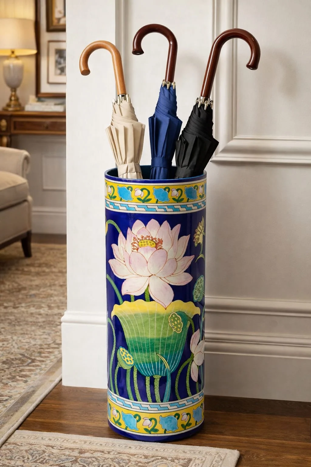 Lotus Umbrella Stand — handmade Jaipur blue pottery by Sagar Blue Art Pottery