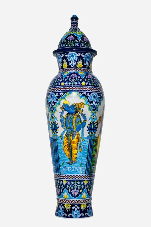 Krishna Panel Temple Urn — handmade Jaipur blue pottery from the Vases & Urns collection