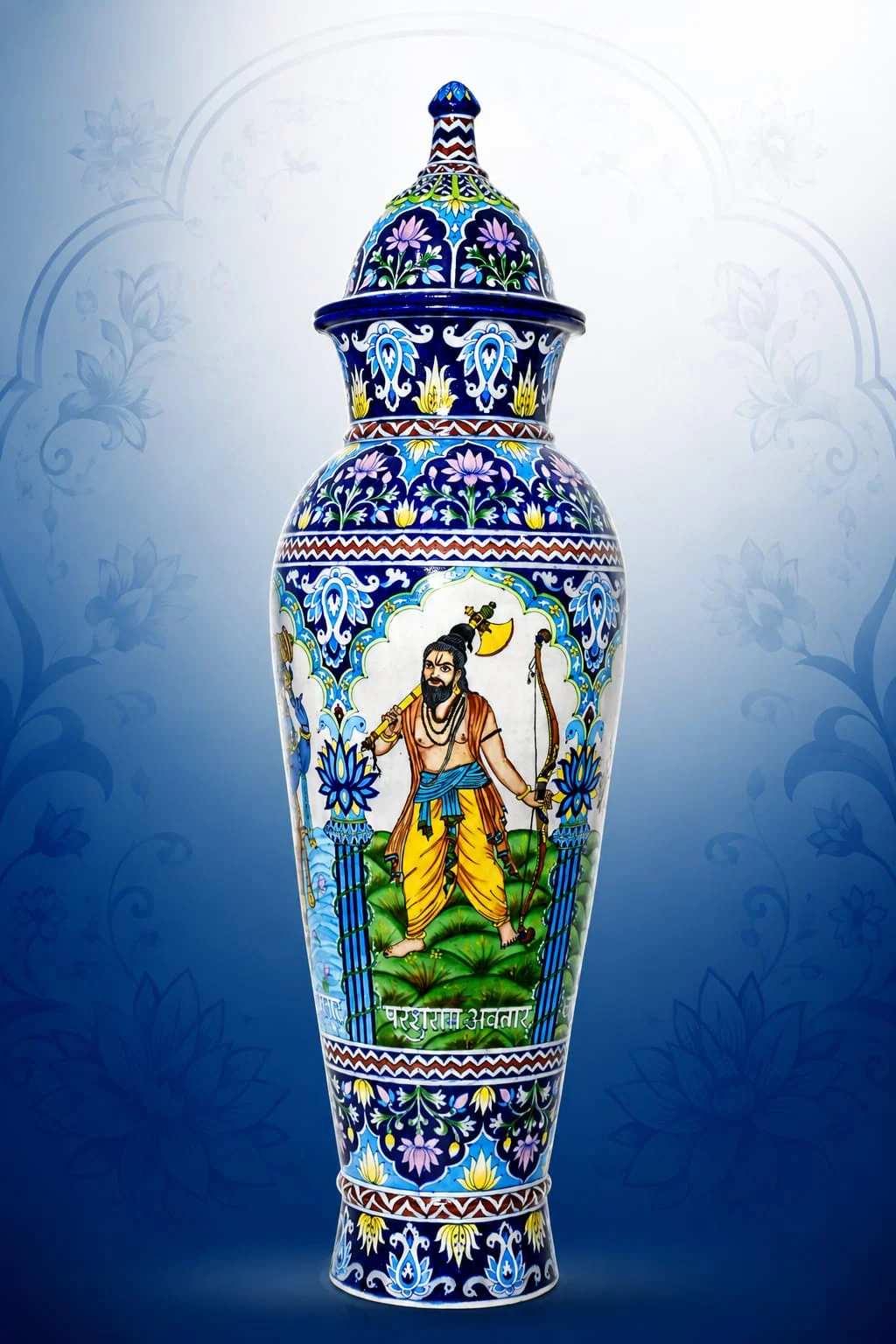 Radha Krishna Temple Urn — handmade Jaipur blue pottery by Sagar Blue Art Pottery