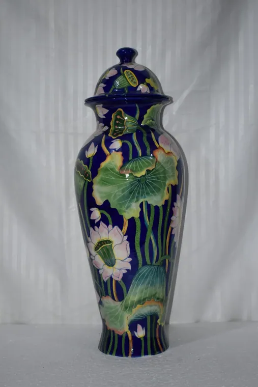 Midnight Lotus Lidded Urn — handmade Jaipur blue pottery from the Vases & Urns collection