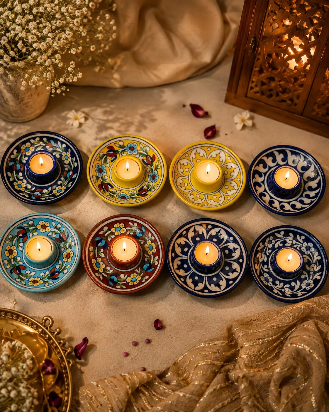 Diyas & Candle Holders — cover photograph of handmade Jaipur blue pottery