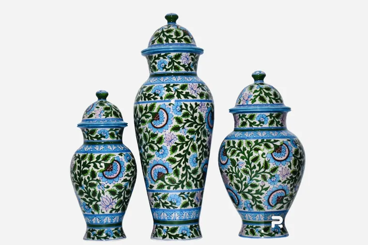 Lotus Vine Urn Trio — handmade Jaipur blue pottery from the Vases & Urns collection