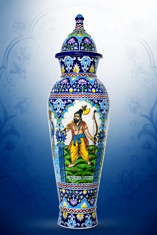 Radha Krishna Temple Urn — handmade Jaipur blue pottery from the Vases & Urns collection