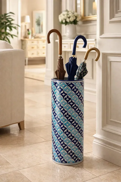 Jaali Umbrella Stand — handmade Jaipur blue pottery from the Utility Products collection