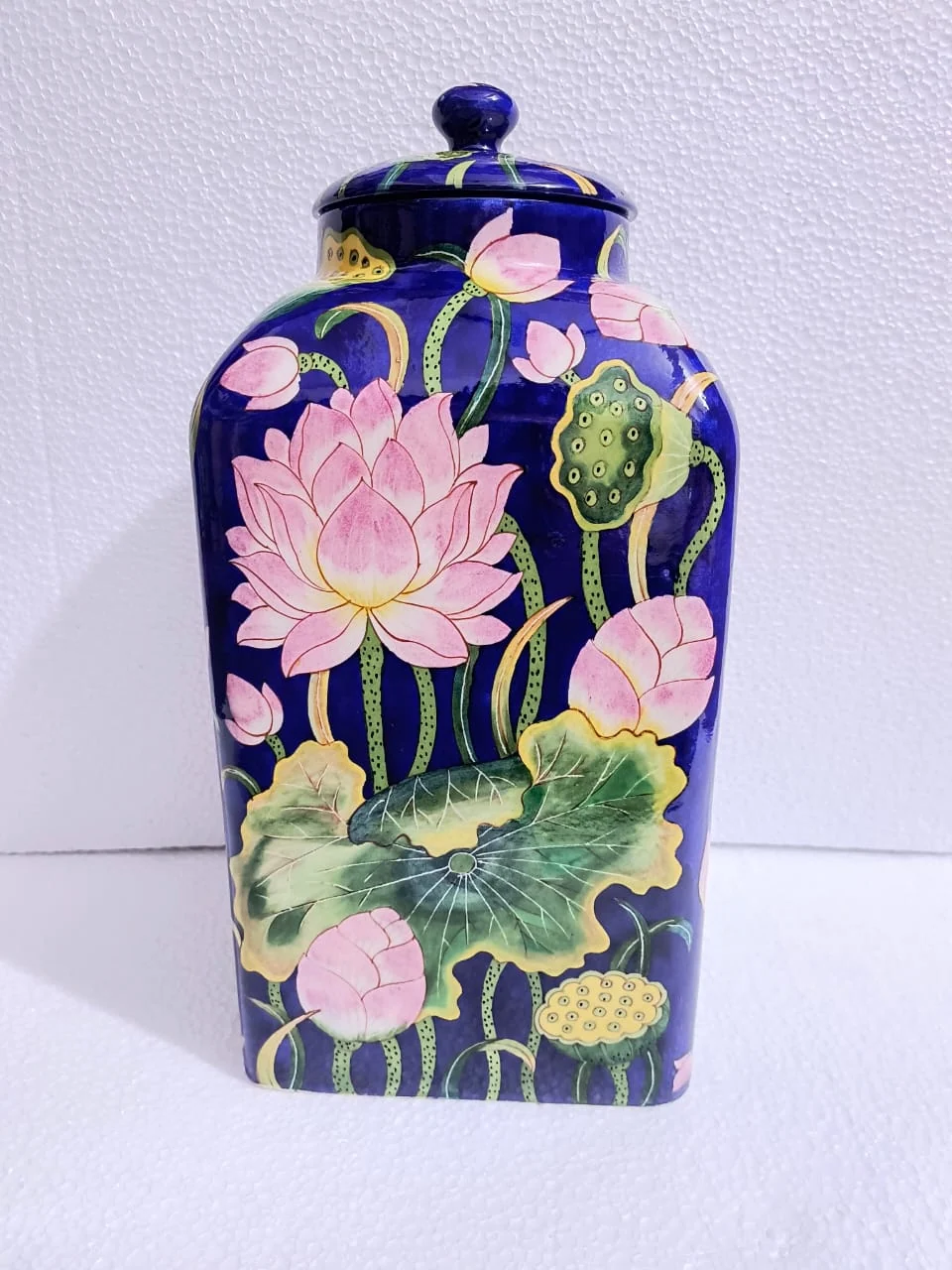 Lotus Pond Square Urn — handmade Jaipur blue pottery by Sagar Blue Art Pottery