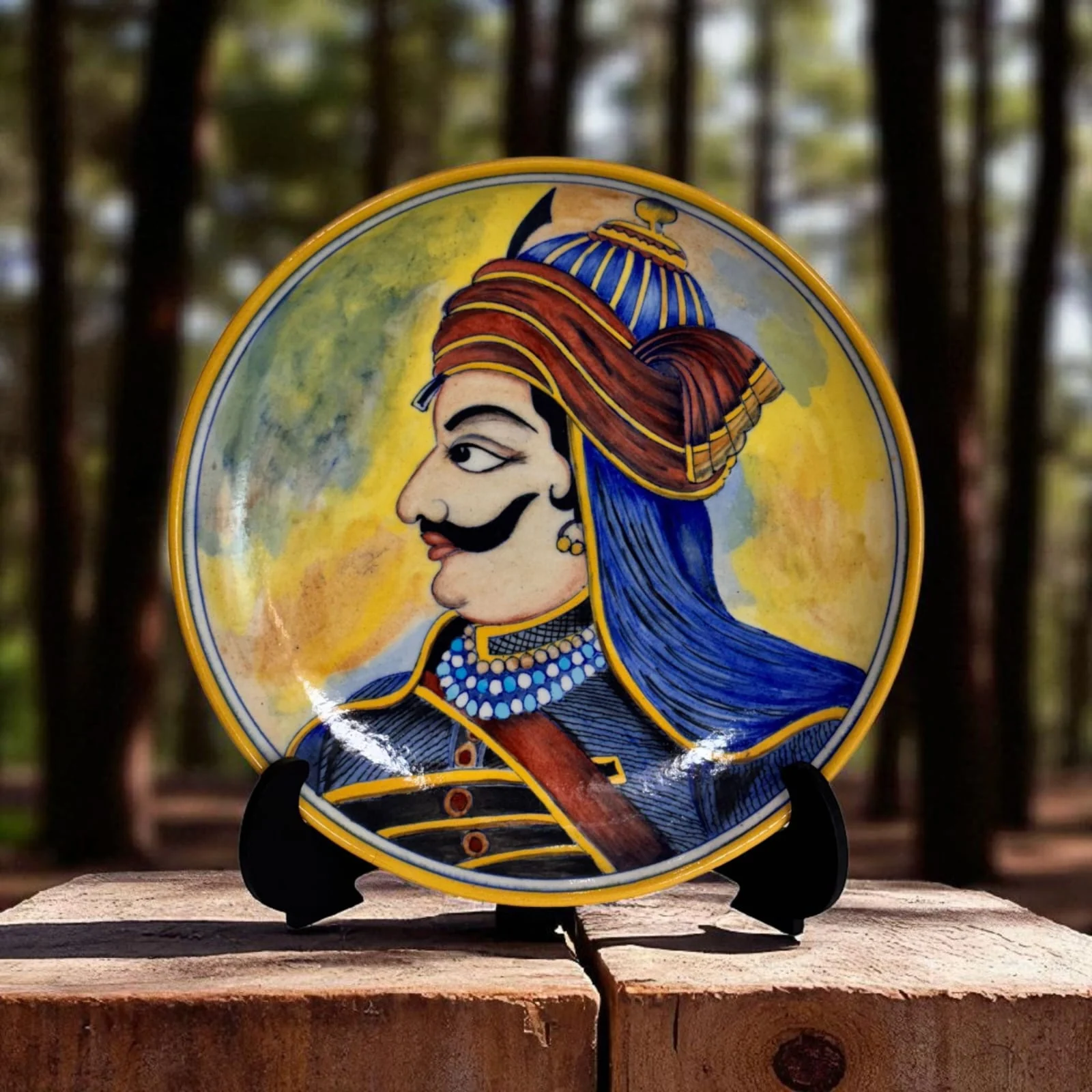 Rajput Portrait Plate — handmade Jaipur blue pottery by Sagar Blue Art Pottery