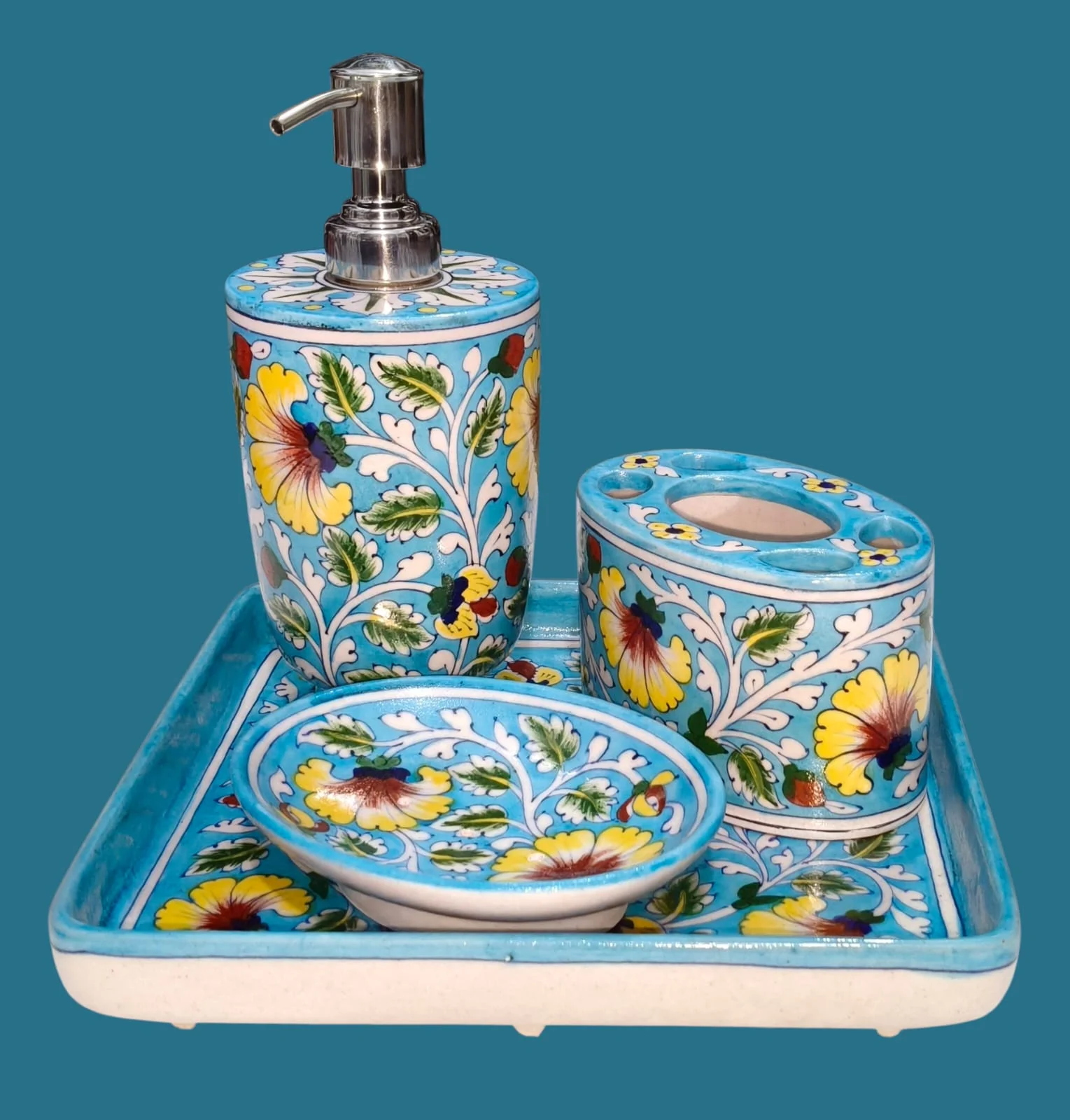Marigold Bath Set — handmade Jaipur blue pottery by Sagar Blue Art Pottery