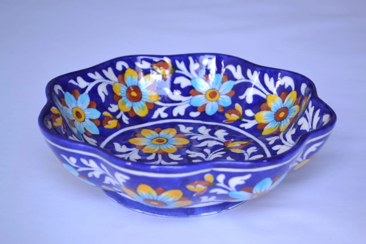 Cobalt Blossom Scalloped Bowl — handmade Jaipur blue pottery by Sagar Blue Art Pottery