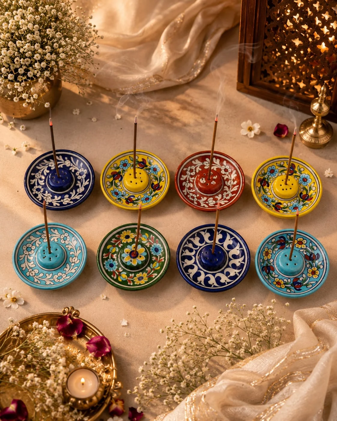 Marigold Diya Set — handmade Jaipur blue pottery by Sagar Blue Art Pottery