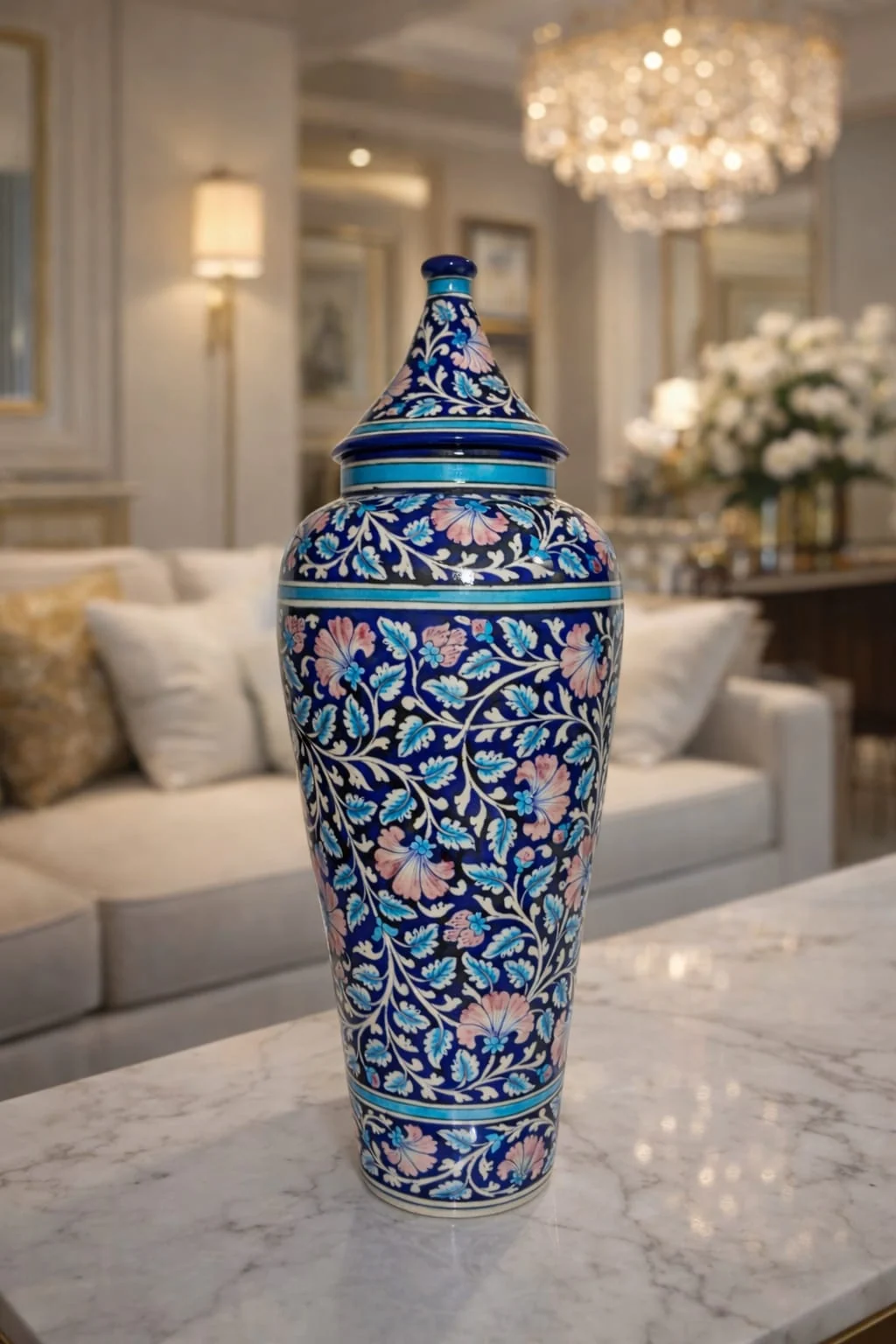 Turquoise Arabesque Urn — handmade Jaipur blue pottery by Sagar Blue Art Pottery