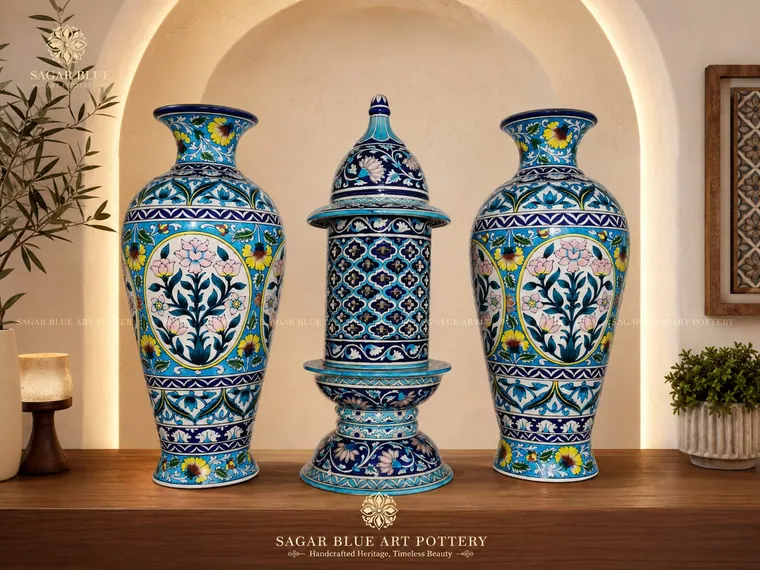 Trio of Jaali Urns — handmade Jaipur blue pottery from the Vases & Urns collection