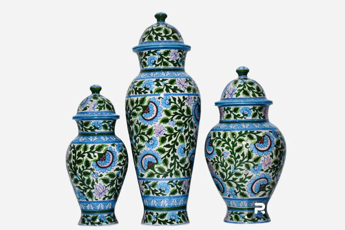 Lotus Vine Urn Trio — handmade Jaipur blue pottery by Sagar Blue Art Pottery