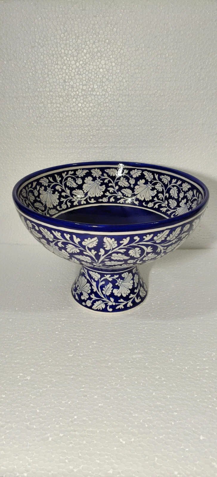 Cobalt Jasmine Pedestal Bowl — handmade Jaipur blue pottery by Sagar Blue Art Pottery