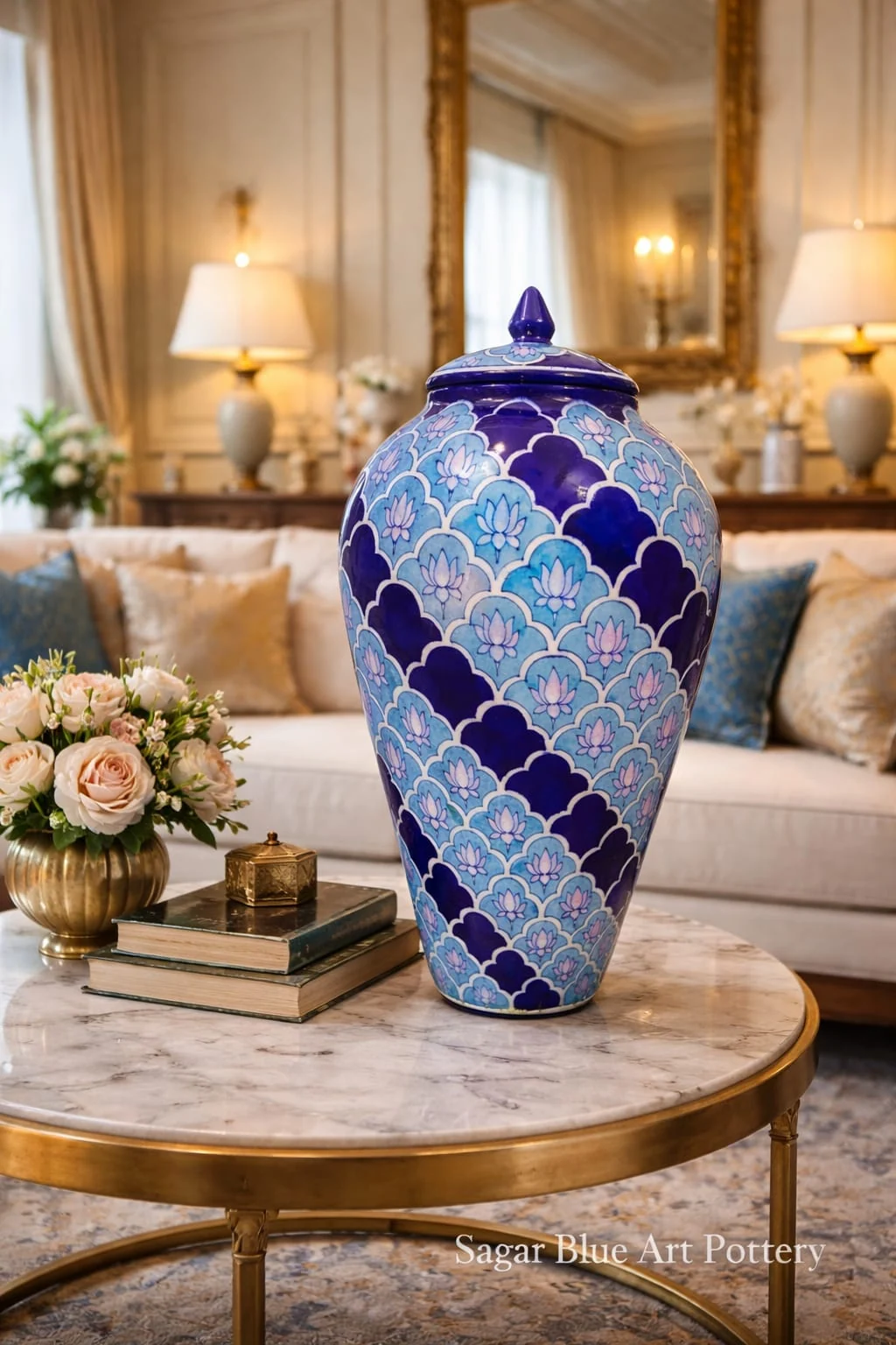 Cobalt Lattice Lidded Vase — handmade Jaipur blue pottery by Sagar Blue Art Pottery