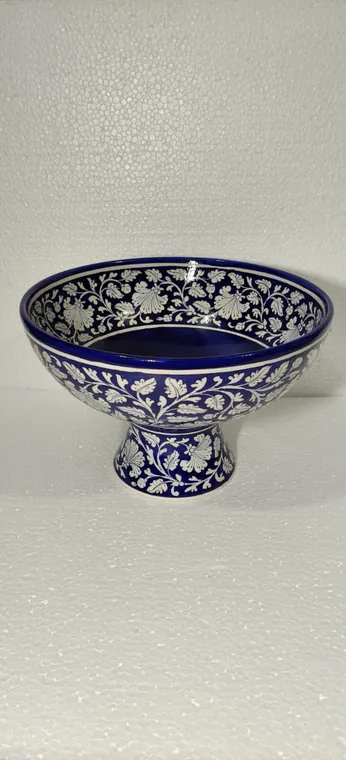 Cobalt Jasmine Pedestal Bowl — handmade Jaipur blue pottery from the Serving & Tableware collection