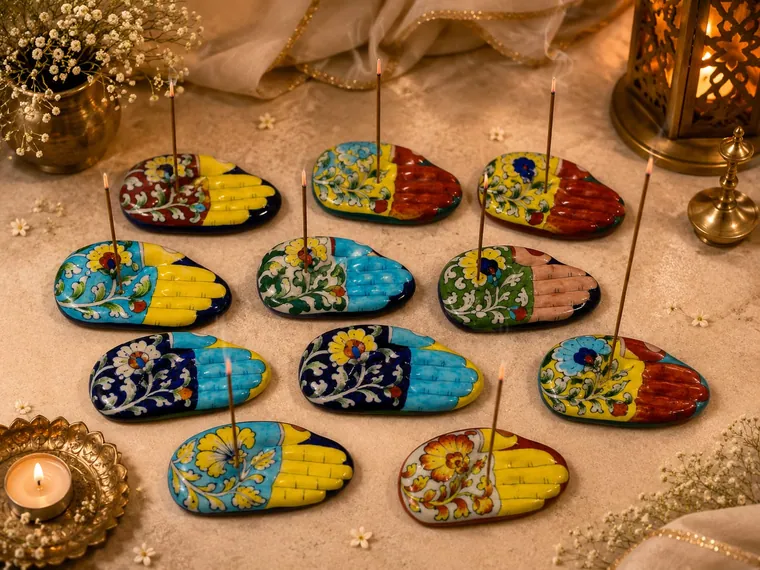 Painted Diya Set — handmade Jaipur blue pottery from the Diyas & Candle Holders collection