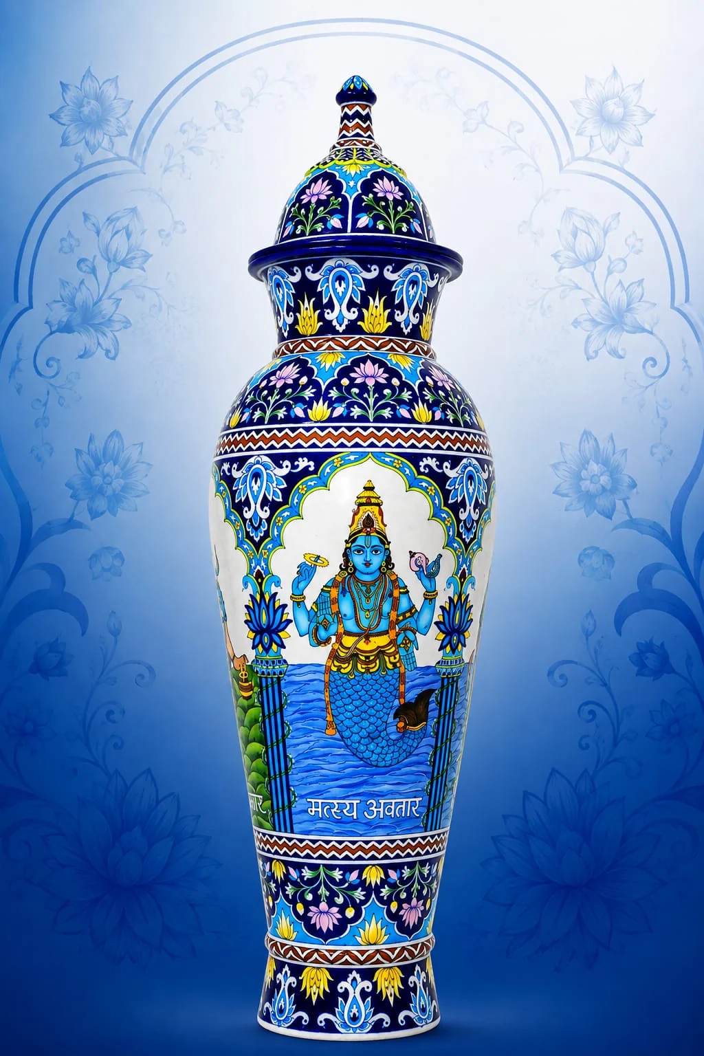 Miniature Panel Temple Urn II — handmade Jaipur blue pottery by Sagar Blue Art Pottery