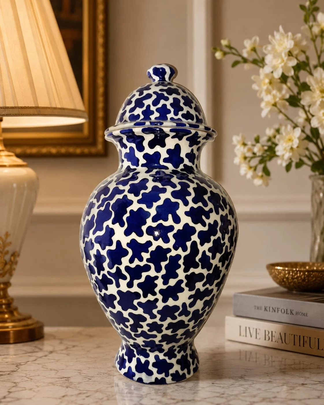 Indigo Vine Urn — handmade Jaipur blue pottery by Sagar Blue Art Pottery